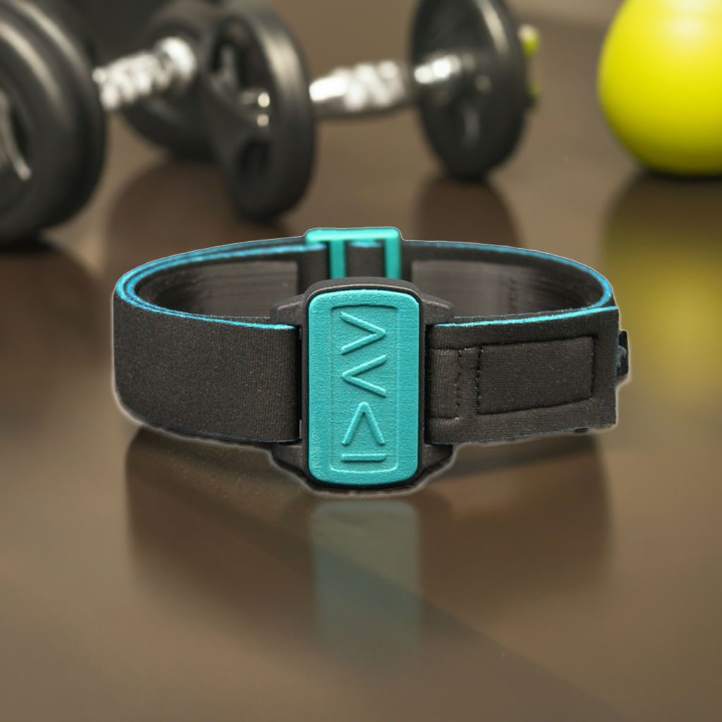 Dexband for G6 cgm armband with I am greater symbols. AI generated background showing exercise equipment.