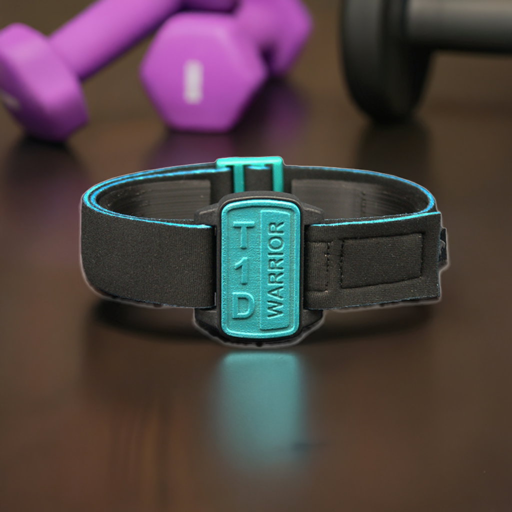 Dexband for Dexcom G6 CGM with T1D Warrior motif on teal cover with black neoprene strap.