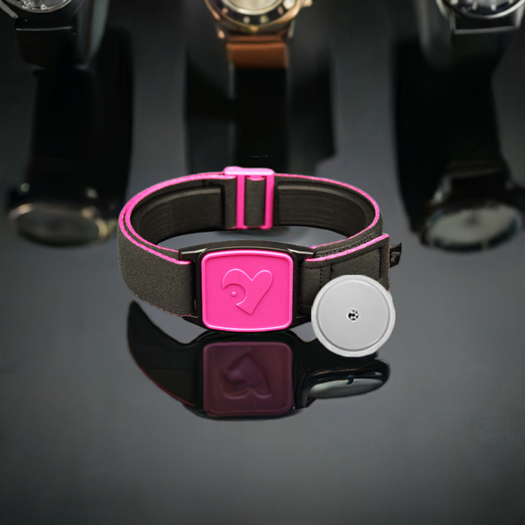 Libreband Armband for Freestyle Libre 1 &amp; 2. Magenta cover with Heart design. Shown with Libre sensor.