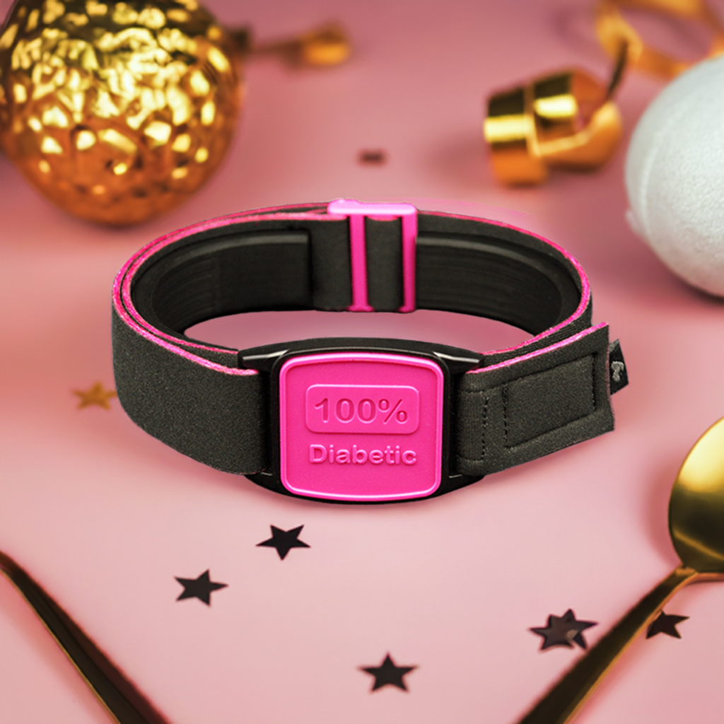 Libreband Armband for Freestyle Libre 1 &amp; 2. Magenta cover with 100% Diabetic design. Shown with party scene.