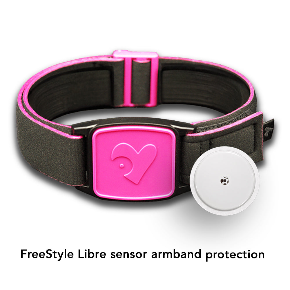Libreband Armband for Freestyle Libre 1 & 2. Magenta cover with Heart design. Shown with FreeStyle Libre sensor. LML2388, LML2371, LML2920, LML4481.