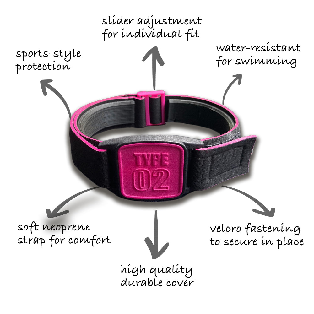 Highlights of design features of Libreband armband cover in magenta and black, type 02 design.