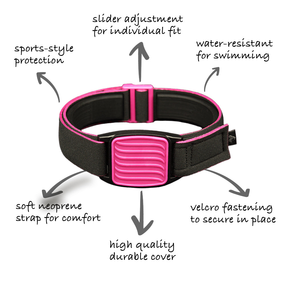 Highlights of design features of Libreband armband cover in magenta and black, wave design.