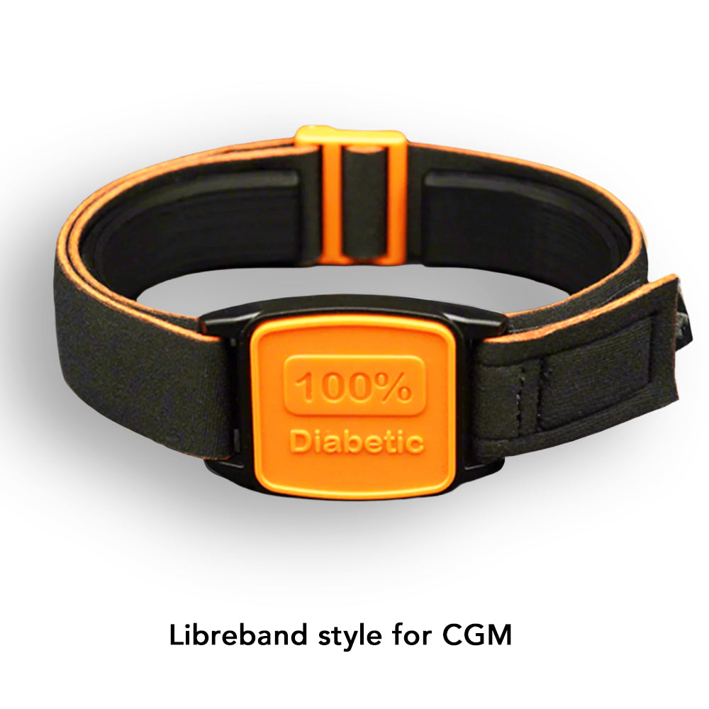 Libreband with orange cover showing 100% Diabetic. LML4535, LML3057, LML2197, LML2203.