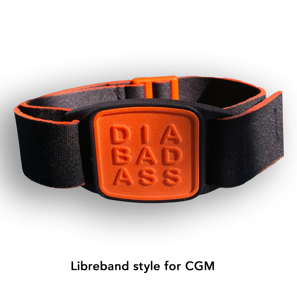Libreband armband for FreeStyle Libre sensor CGM. Orange Diabadass cover and black strap. LML4542, LML4153, LML4146, LML4139.