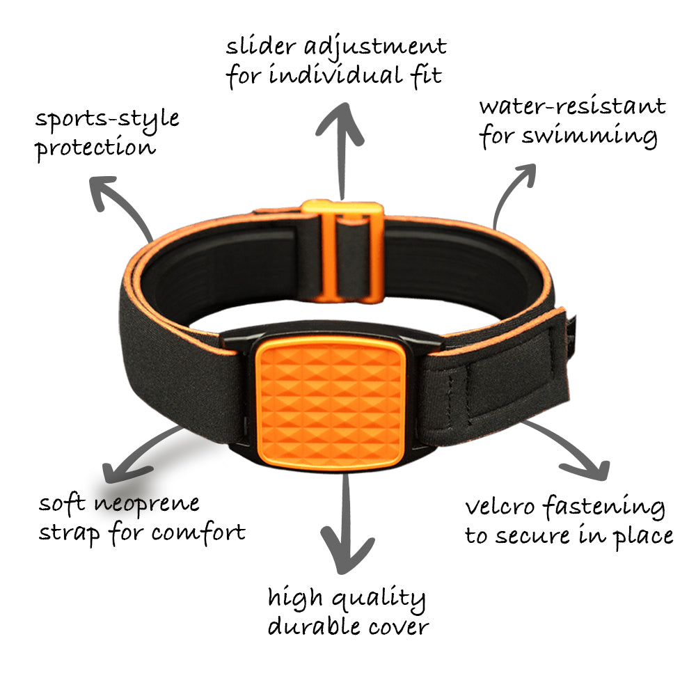 Libreband Armband features highlighted. Orange cover with pyramids design.