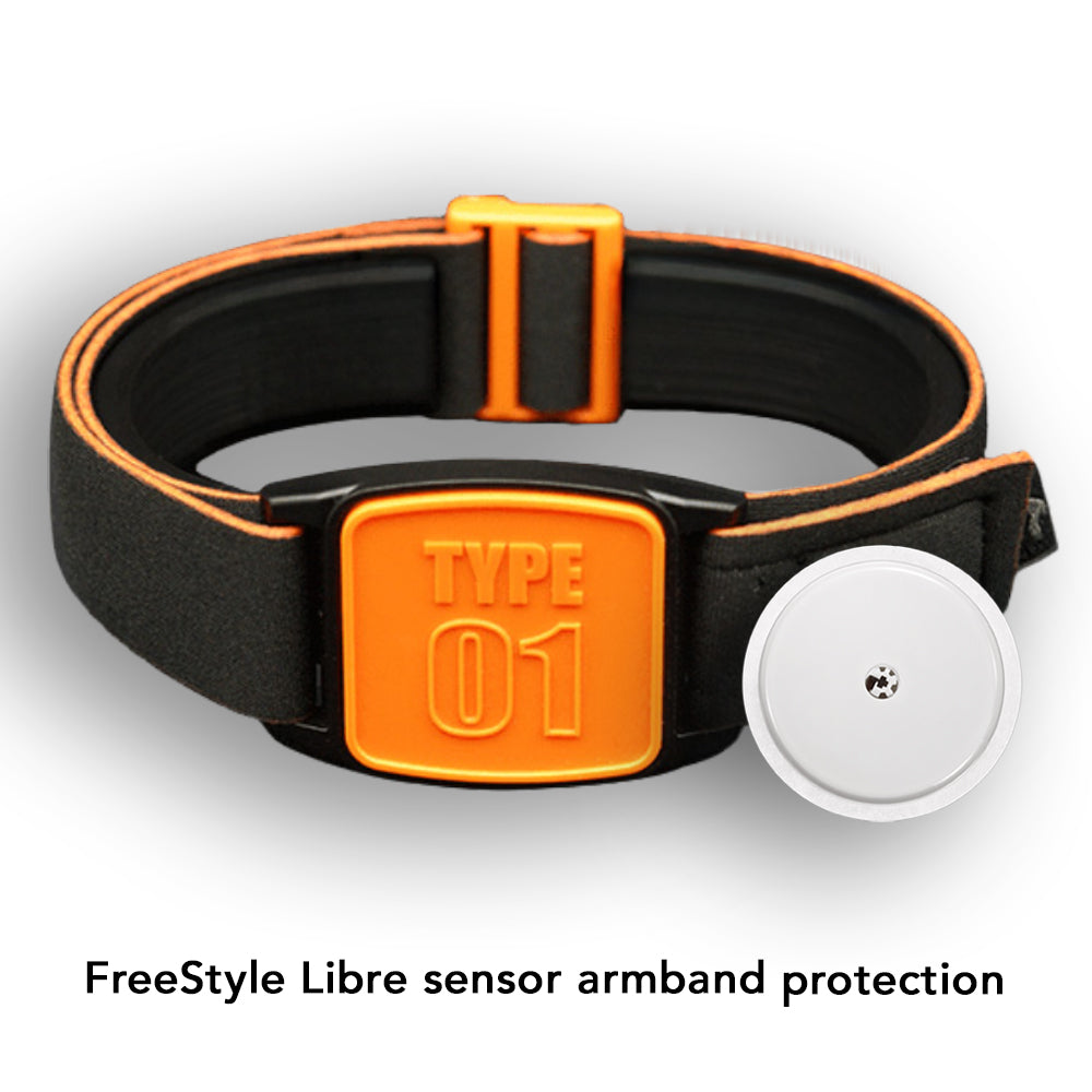 Libreband Armband for Freestyle Libre 1 & 2. Orange cover with TYPE 01 design.