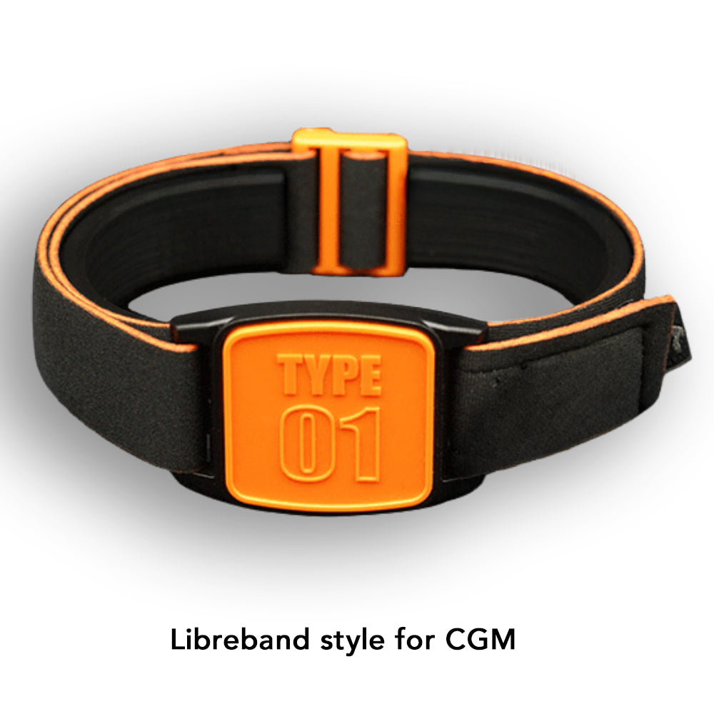 Libreband Armband for Freestyle Libre 1 & 2. Orange cover with TYPE 01 design. LML4573, LML3019, LML2210, LML2227.