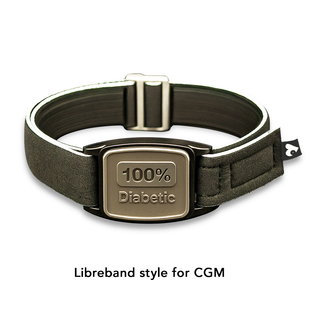 Libreband armband cover in pewter with 100% Diabetic design. Black strap edged in coordinating pewter. LML4603, LML3064, LML2494, LML2500.