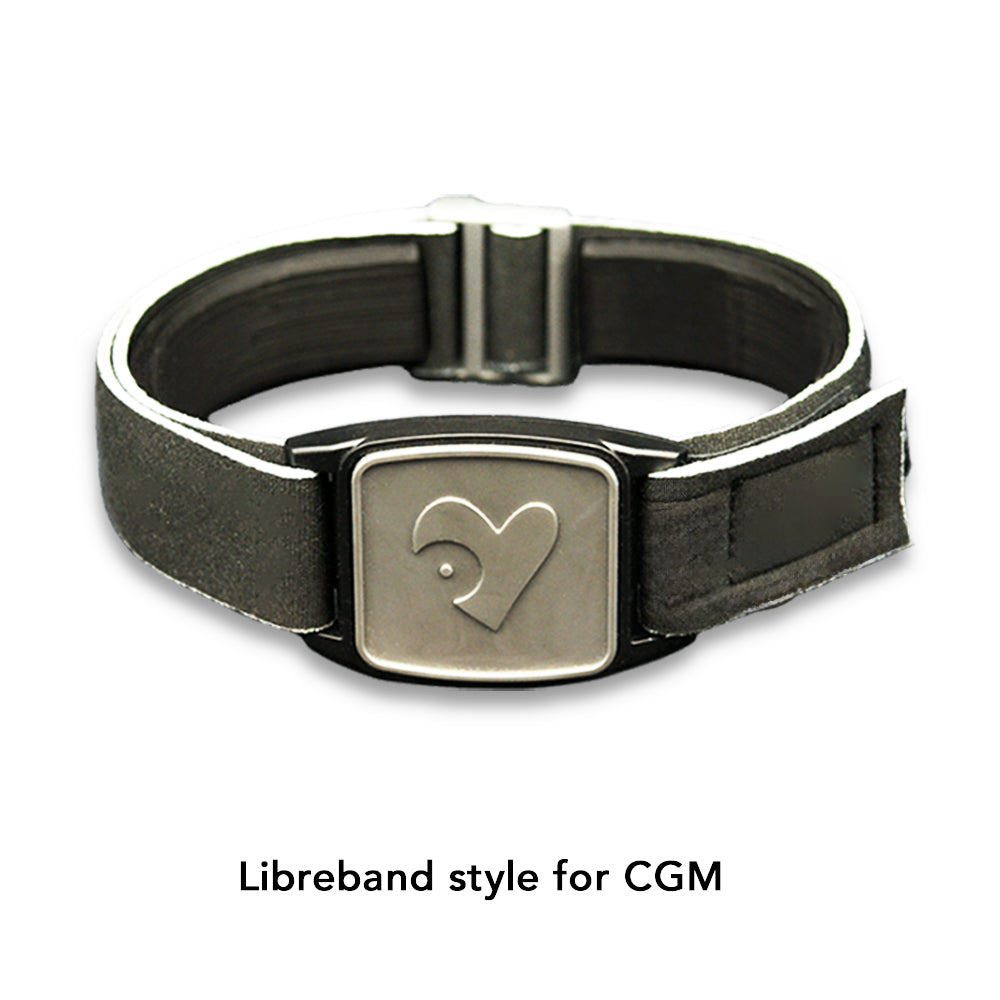 Libreband armband cover in pewter with heart design. Black strap edged in coordinating pewter. LML4627, LML2944, LML2579, LML2586.
