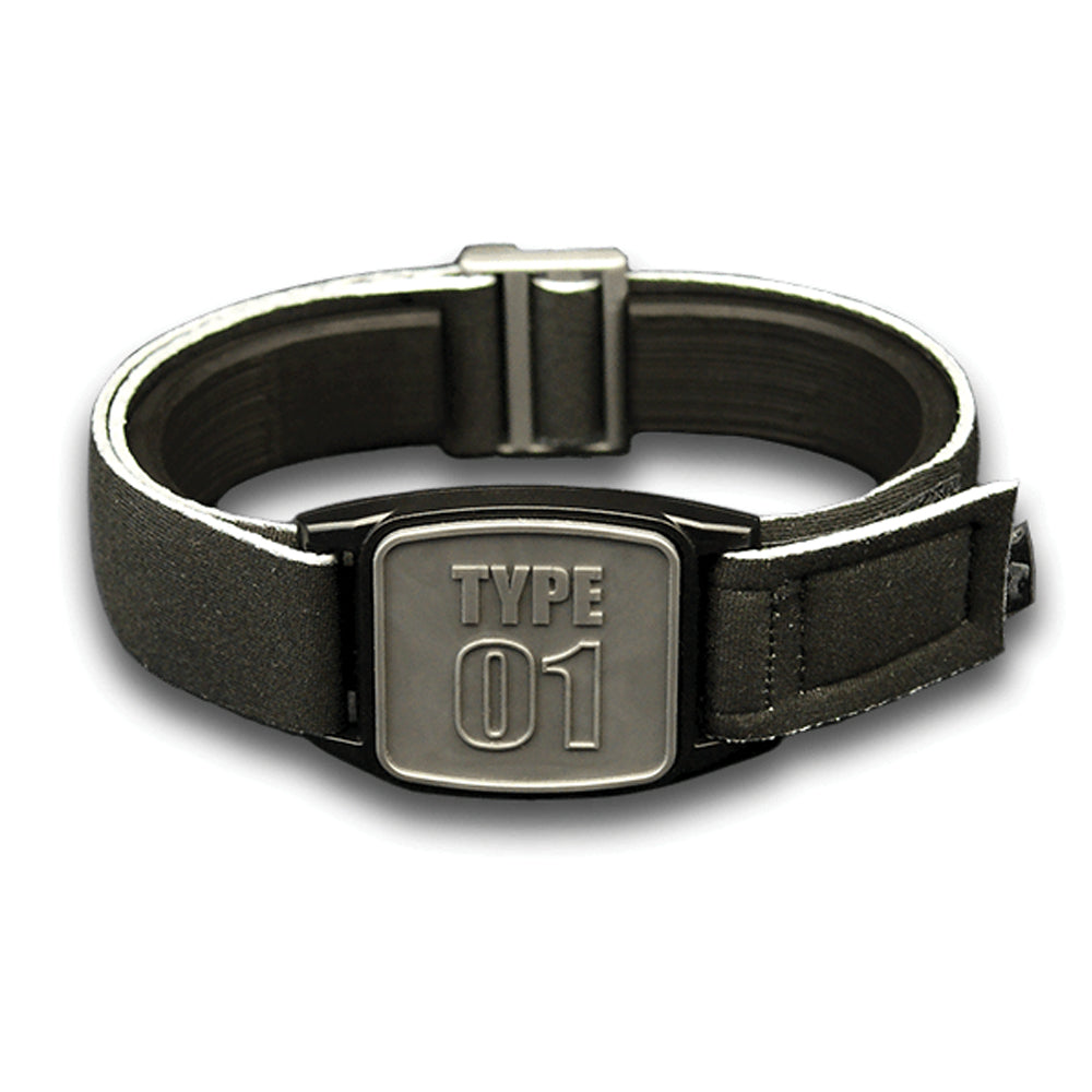 Libreband armband cover in pewter with type 01 design. Black strap edged in coordinating pewter. LML4641, LML3026, LML2517, LML2524.