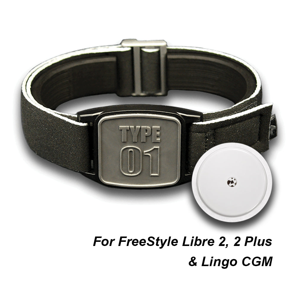 Libreband armband with Type 01 design in pewter. Shown with Libre 2 sensor. LML4641, LML3026, LML2517, LML2524.