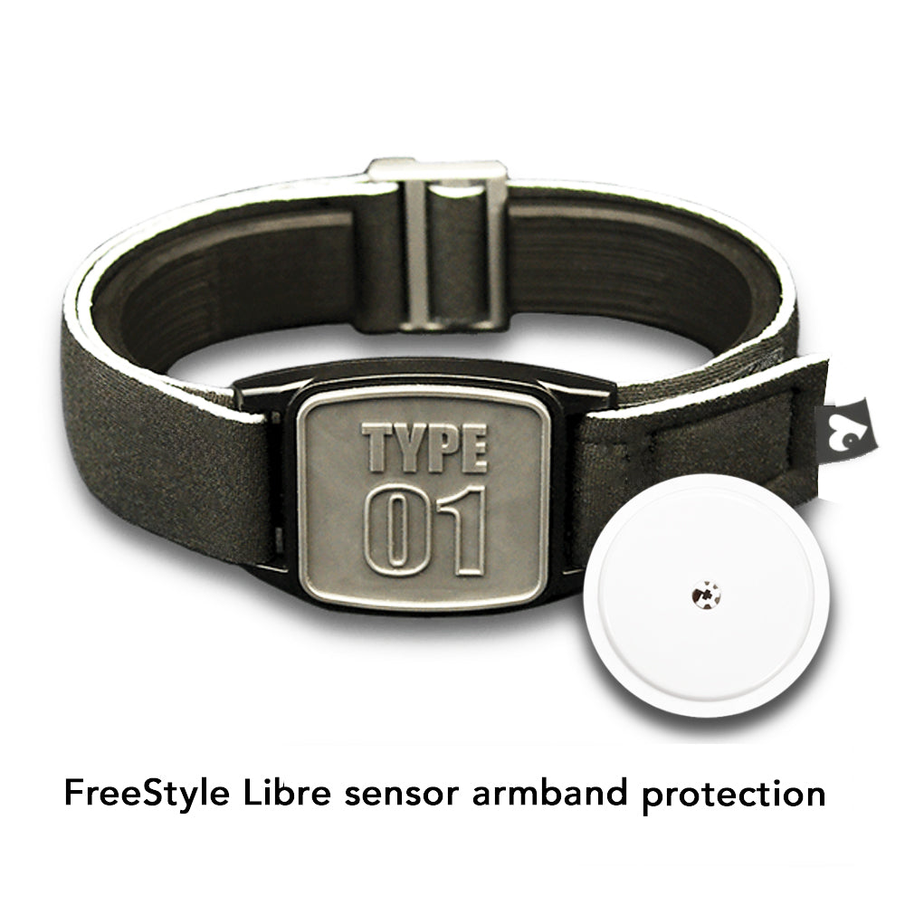 Libreband armband with Type 01 design in pewter. Shown with Libre 2 sensor. LML4641, LML3026, LML2517, LML2524.