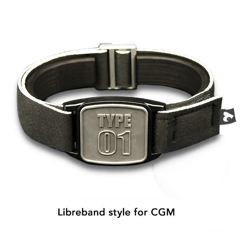 Libreband armband cover in pewter with type 01 design. Black strap edged in coordinating pewter. LML4641, LML3026, LML2517, LML2524.