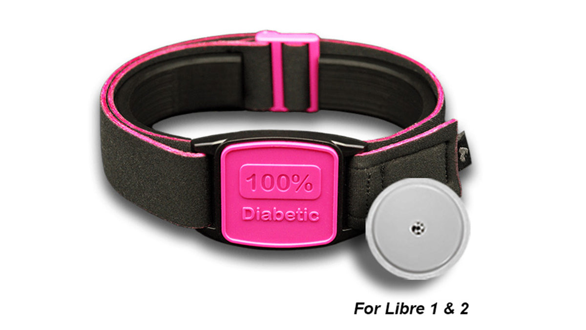 Libreband Armband for Freestyle Libre 1 &amp; 2. Magenta cover with 100% Diabetic design. Shown with Freestyle Libre 2 sensor.
