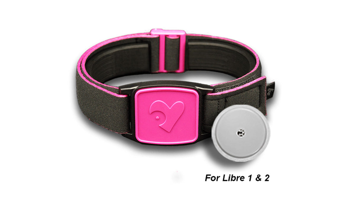 Libreband Armband for Freestyle Libre 1 &amp; 2. Magenta cover with Heart design. Shown with Libre sensor.