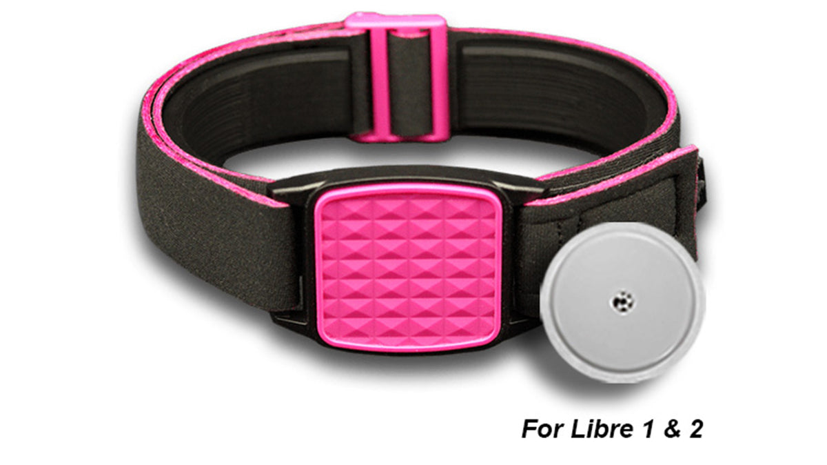 Libreband Armband for Freestyle Libre 1 &amp; 2. Magenta cover with Pyramids design. Shown with Freestyle Libre 2 sensor.