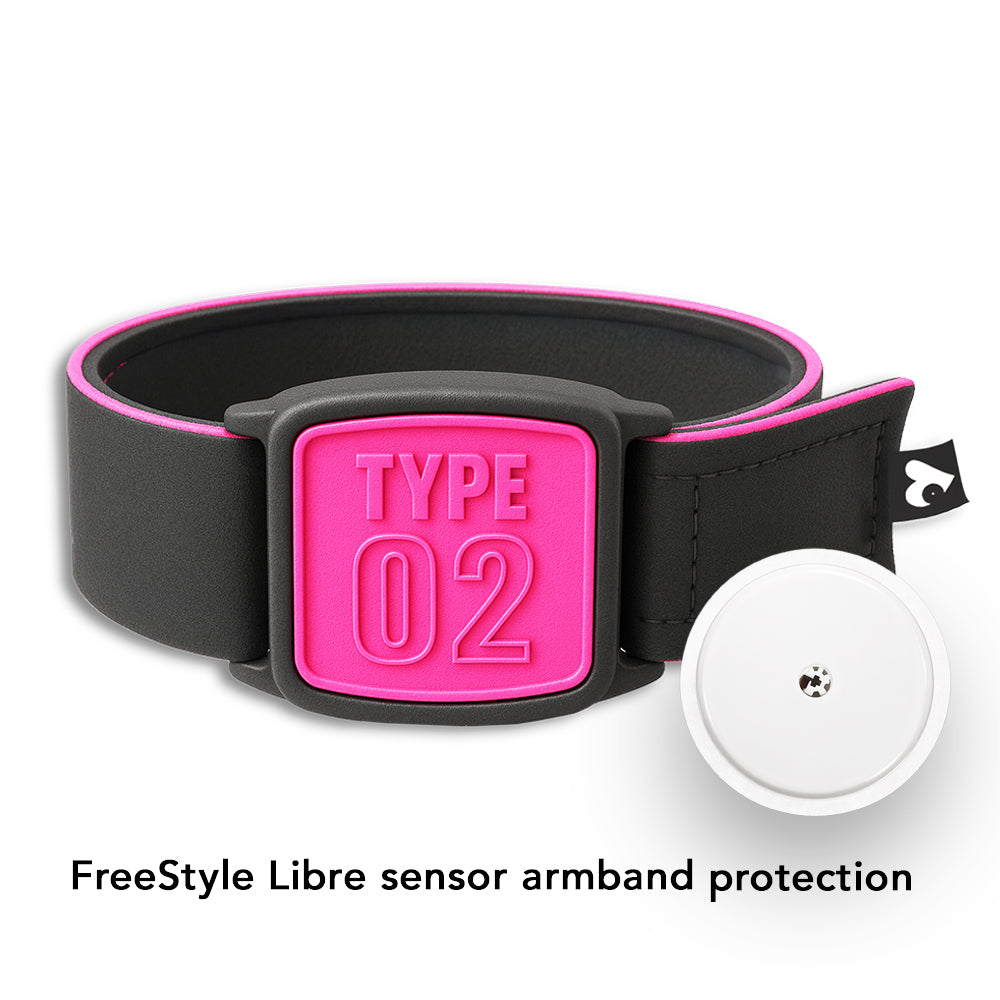 Libreband armband with Type 02 design cover in magenta. Black neoprene strap and magenta buckle. LML2340, LML2333, LML3651, LML4511. 