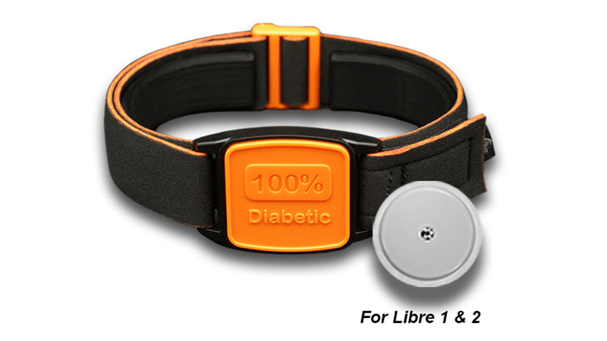 Libreband Armband for Freestyle Libre 1 &amp; 2. Orange cover with 100% Diabetic design. Shown with Freestyle Libre 2 sensor.