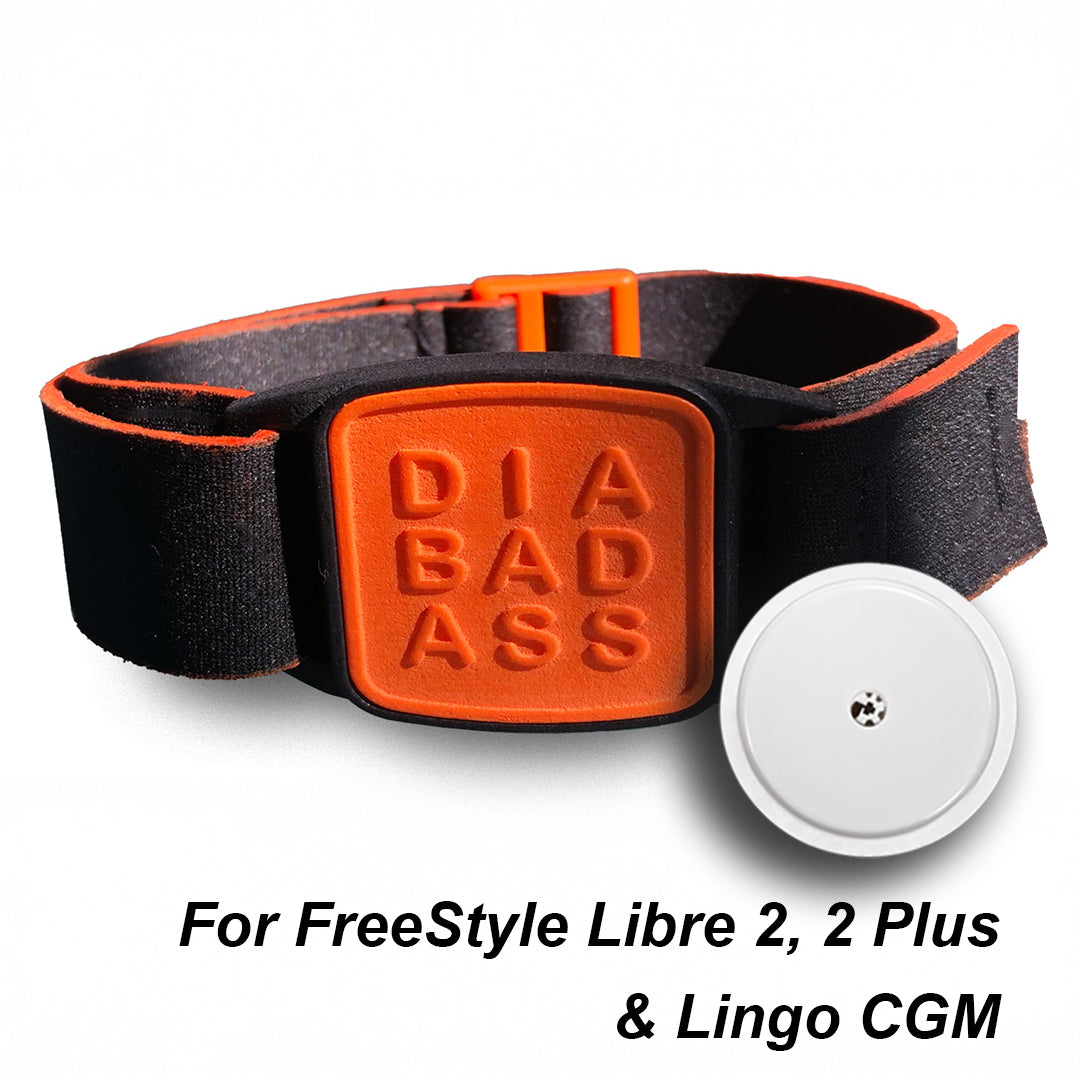Libreband armband in orange with Diabadass cover and black strap. Shown with FreeStyle Libre sensor CGM. LML4542, LML4153, LML4146, LML4139.