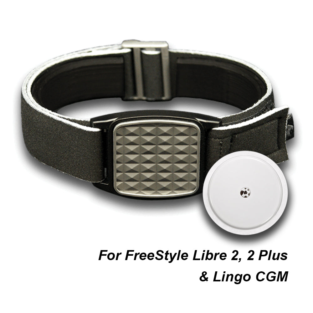 Libreband armband with pewter pyramids design shown with Libre 2 sensor. LML4634, LML2906, LML2616, LML2623.