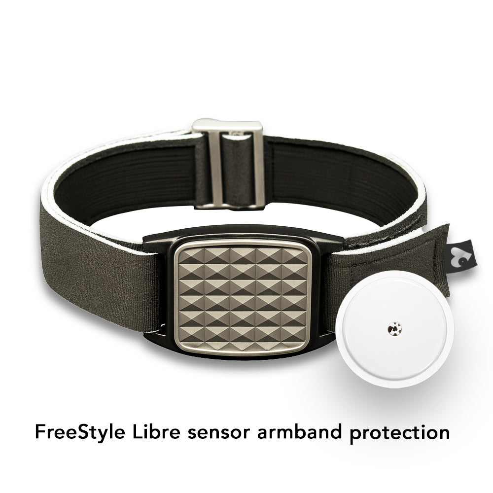 Libreband armband with pewter pyramids design shown with Libre 2 sensor. LML4634, LML2906, LML2616, LML2623.