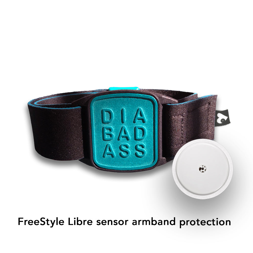 Libreband armband in teal with diabadass cover. Shown with FreeStyle Libre 2 Plus sensor. LML4689, LML4184, LML4177, LML 4160.