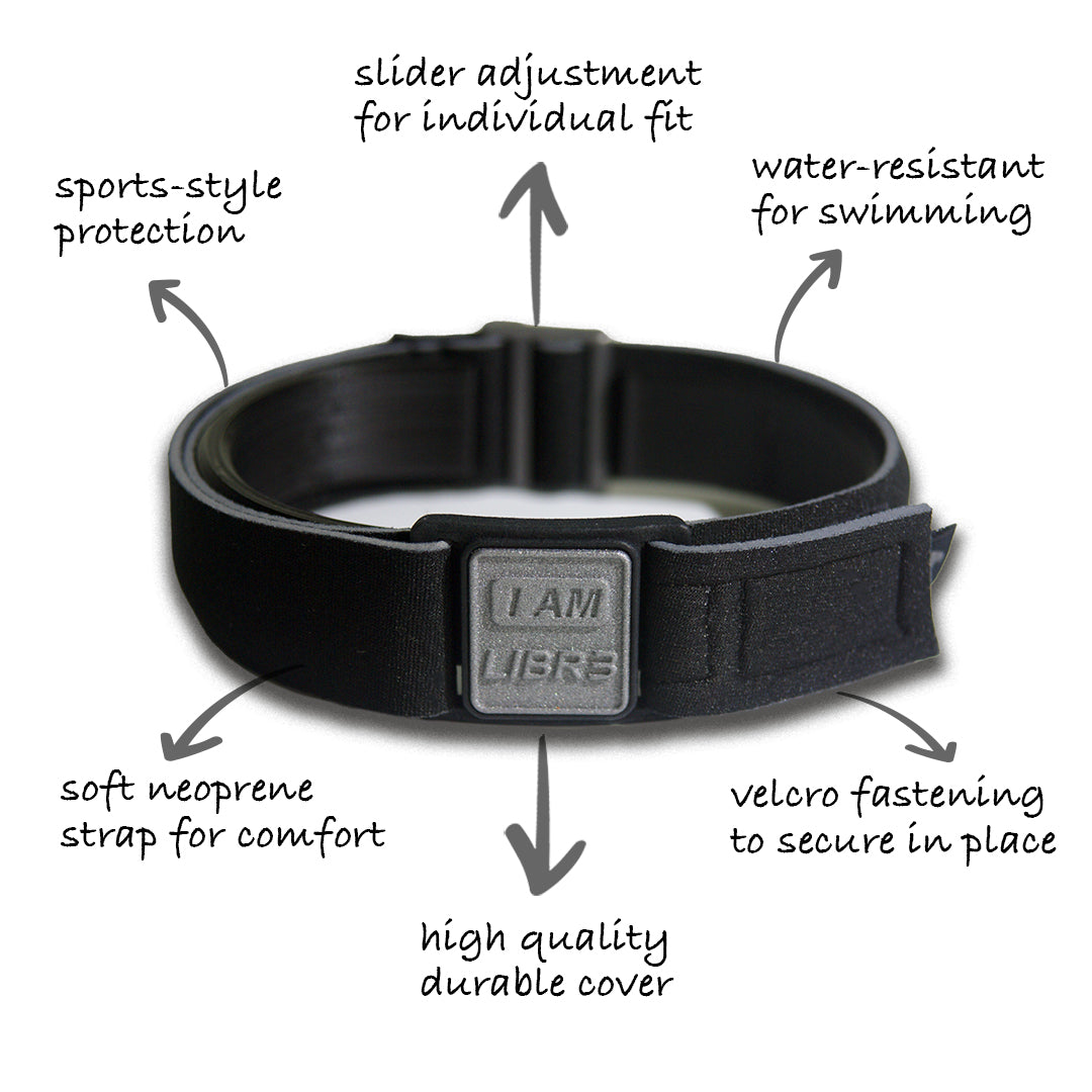 Libreband Armband for Freestyle Libre 3, features highlighted. Pewter cover with I AM LIBR3 design.