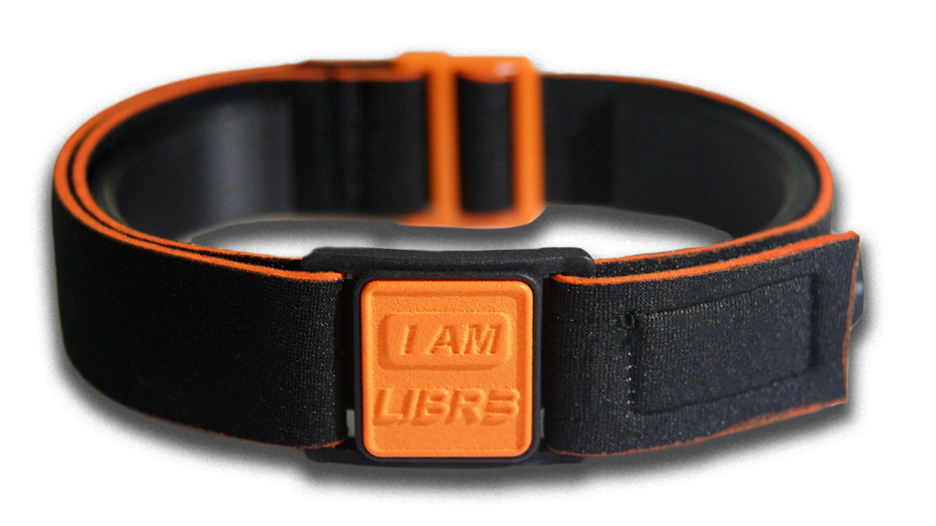 Libreband Armband for Freestyle Libre 3. Orange cover with LIBR3 design.