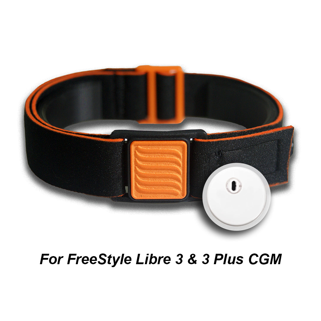 Libreband armband cover in orange and black, wave design. Shown in beach scene.