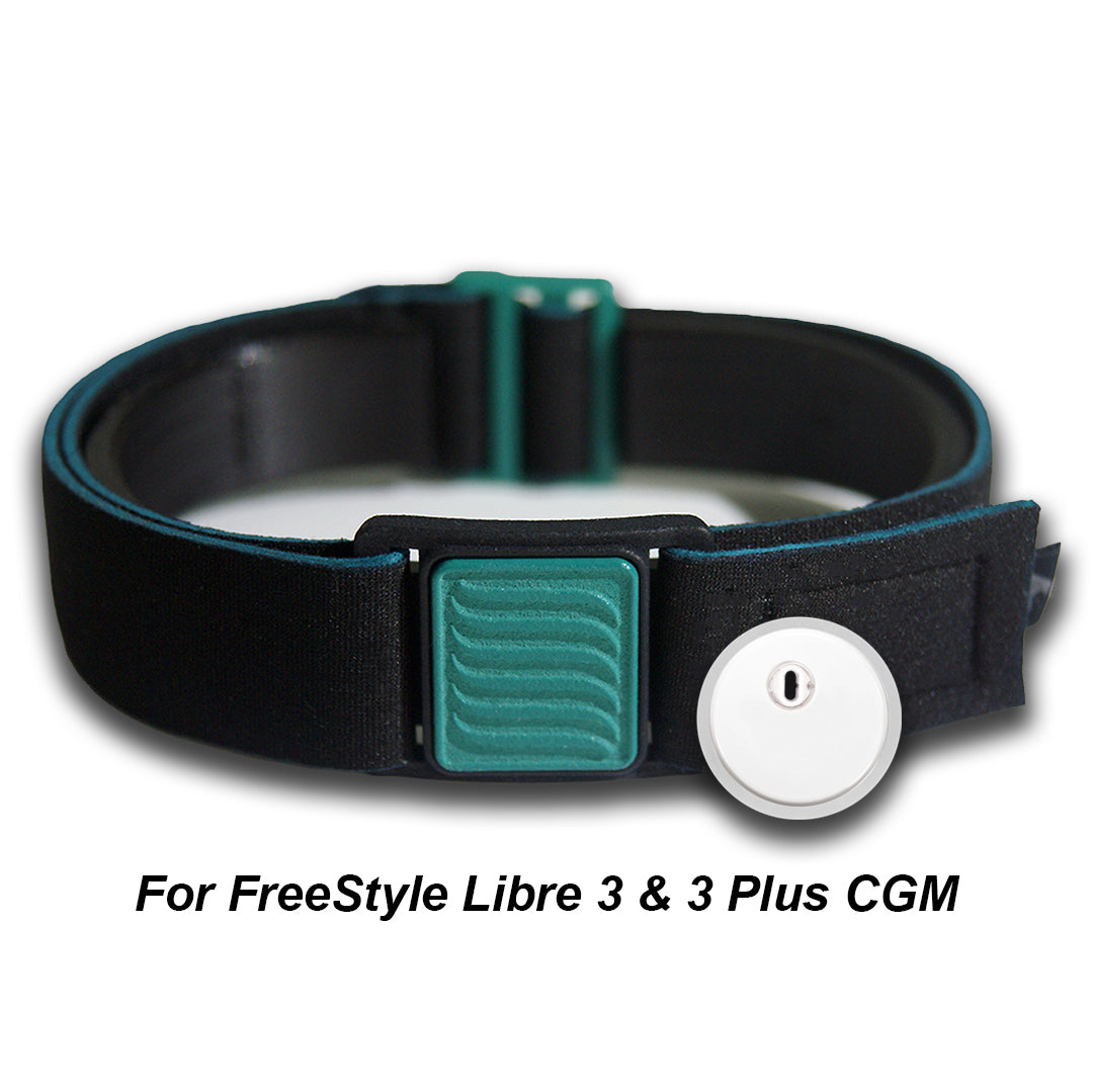 Libreband Armband for Freestyle Libre 3. Teal cover with wave design. Shown in beach scene.