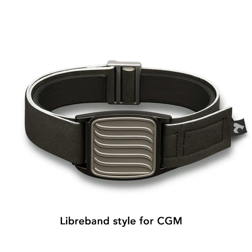 Libreband armband cover in pewter with wave design. Black strap edged in coordinating pewter. LML4665, LML2982, LML2555, LML2562.