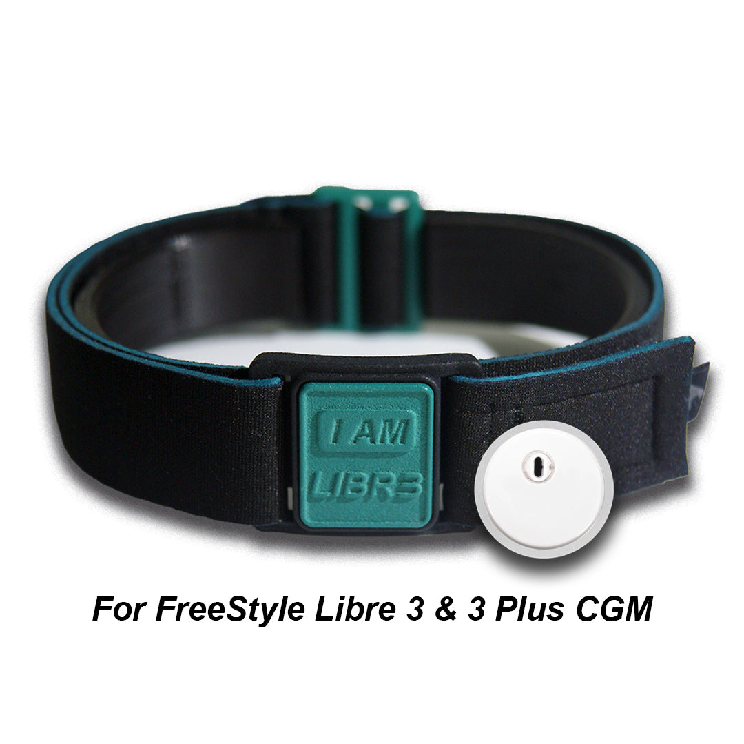 Libreband CGM armband for FreeStyle Libre 3 with teal I AM LIBR3 cover and neoprene strap shown with sensor. LML4801, LML4450, LML4443, LML4436.