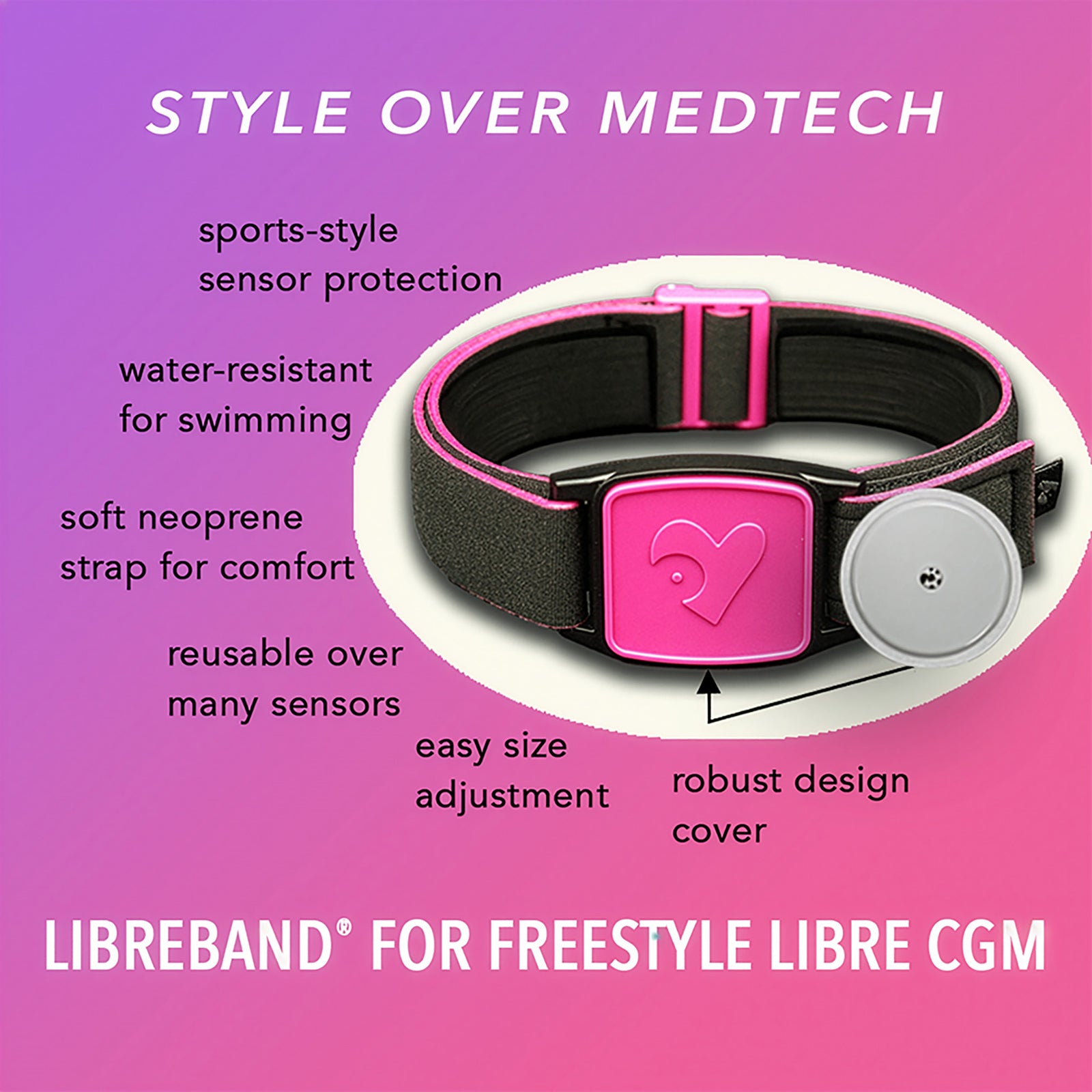 Libreband CGM armband for FreeStyle Libre 2 with magenta heart cover and water-resistant neoprene strap on wooden lounger in swimming pool setting. LML2388, LML2371, LML2920, LML4481. 