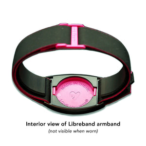 Reverse of Libreband CGM armband for FreeStyle Libre 2 with magenta cover and water-resistant neoprene strap. LML2388, LML2371, LML2920, LML4481.