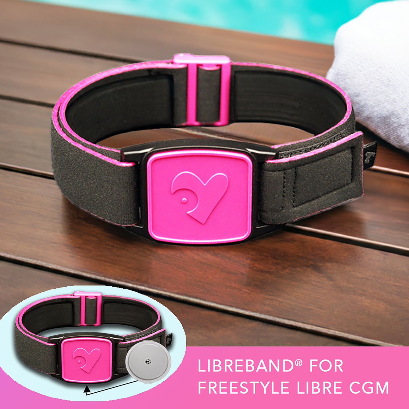 Libreband CGM armband for FreeStyle Libre 2 with magenta heart cover and water-resistant neoprene strap, for everyday wear, sport and swimming