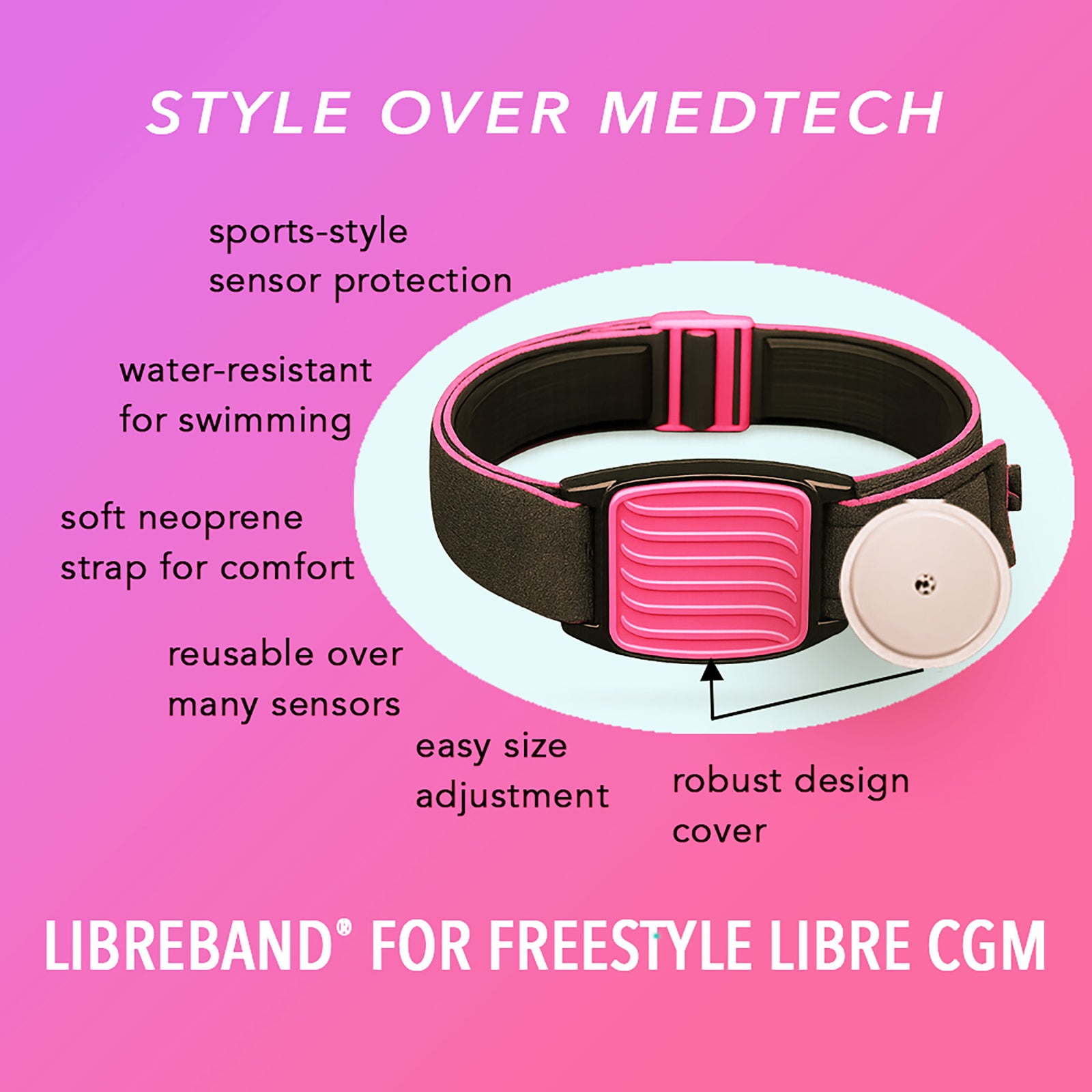 Libreband CGM armband for FreeStyle Libre 2 with magenta wave cover and water-resistant neoprene strap on wooden lounger in swimming pool setting