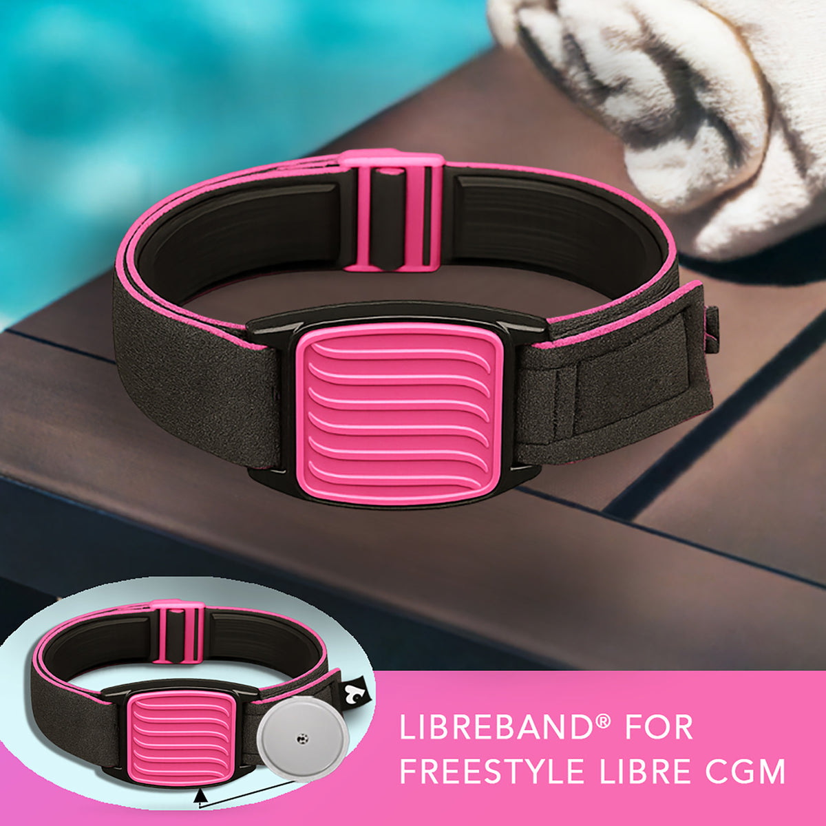 Libreband CGM armband for FreeStyle Libre 2 with magenta wave cover and water-resistant neoprene strap on wooden lounger in swimming pool setting