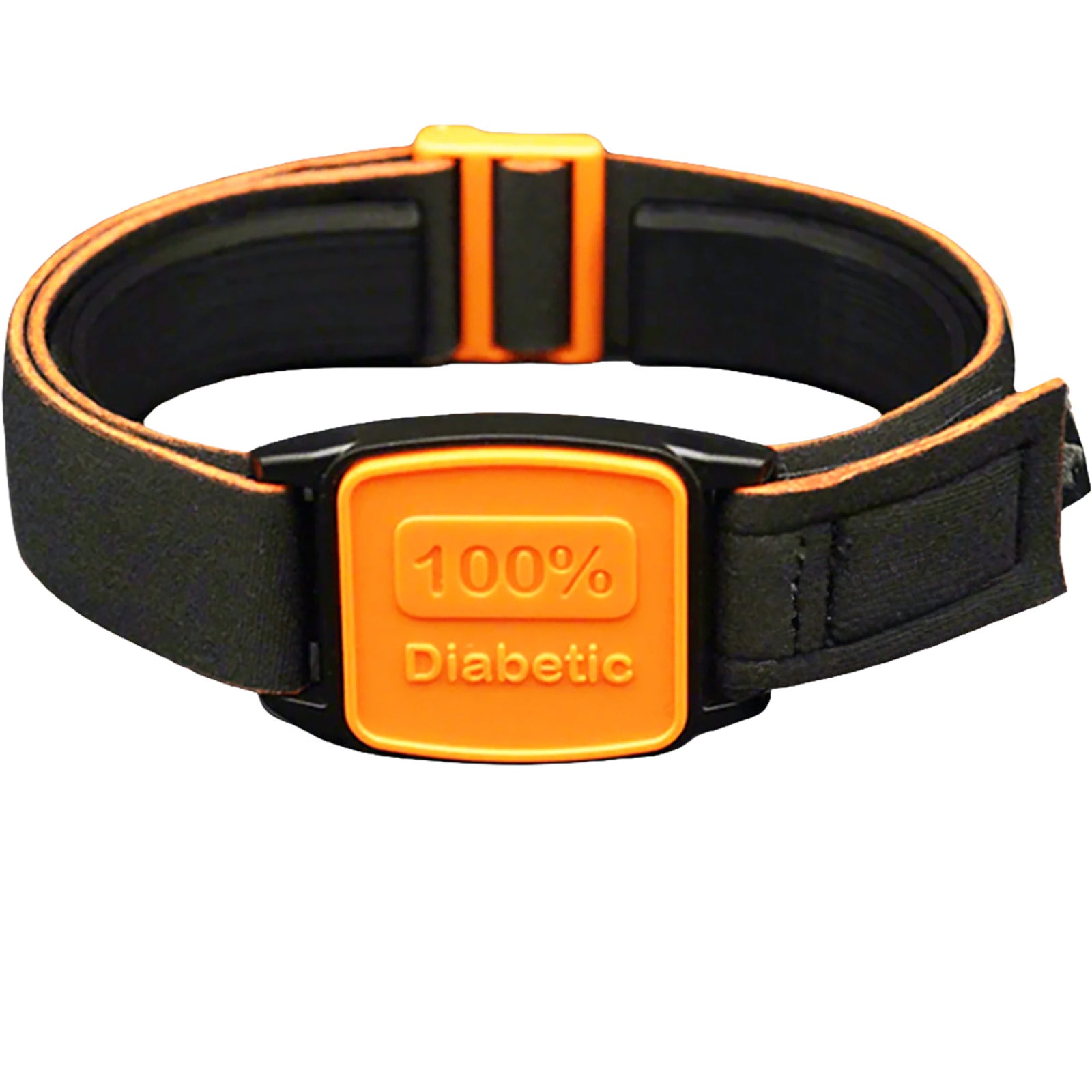 Libreband CGM armband for FreeStyle Libre 2 with orange 100% Diabetic motif cover and water-resistant neoprene strap on wooden lounger in swimming pool setting. LML4535, LML3057, LML2197, LML2203.