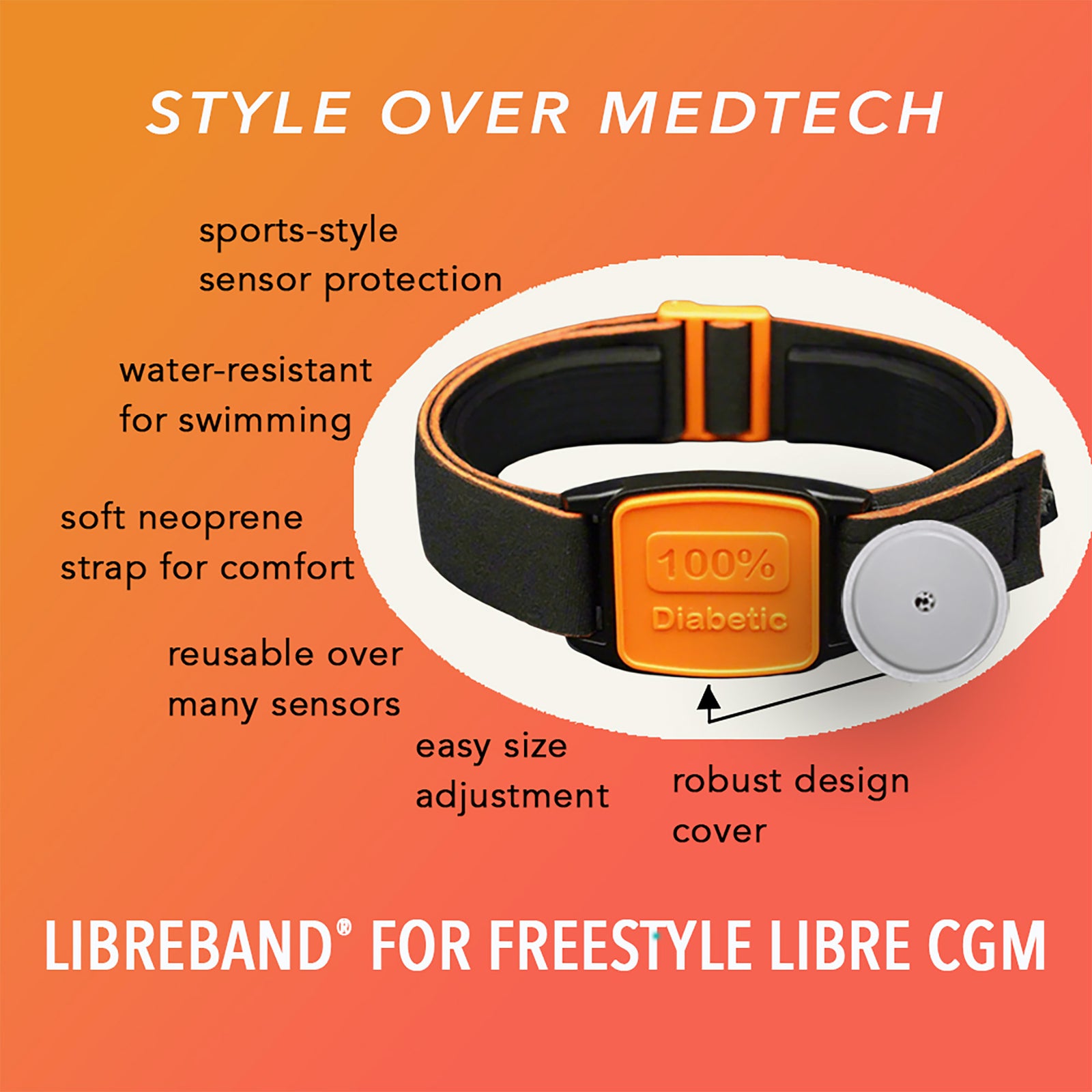 Libreband CGM armband for FreeStyle Libre 2 with orange 100% Diabetic motif cover and water-resistant neoprene strap on wooden lounger in swimming pool setting. LML4535, LML3057, LML2197, LML2203.