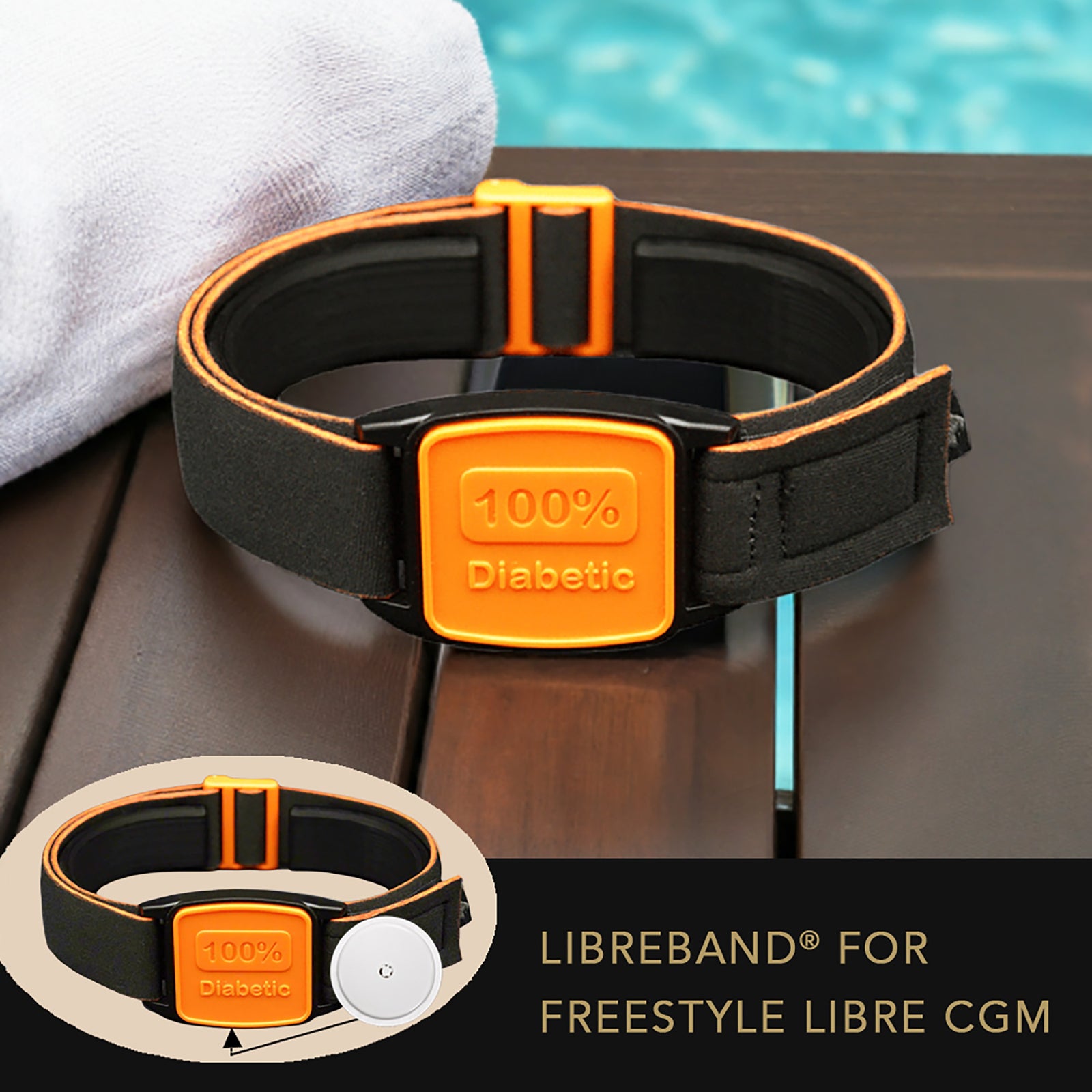 Libreband CGM armband for FreeStyle Libre 2 with orange 100% Diabetic motif cover and water-resistant neoprene strap on wooden lounger in swimming pool setting. LML4535, LML3057, LML2197, LML2203.