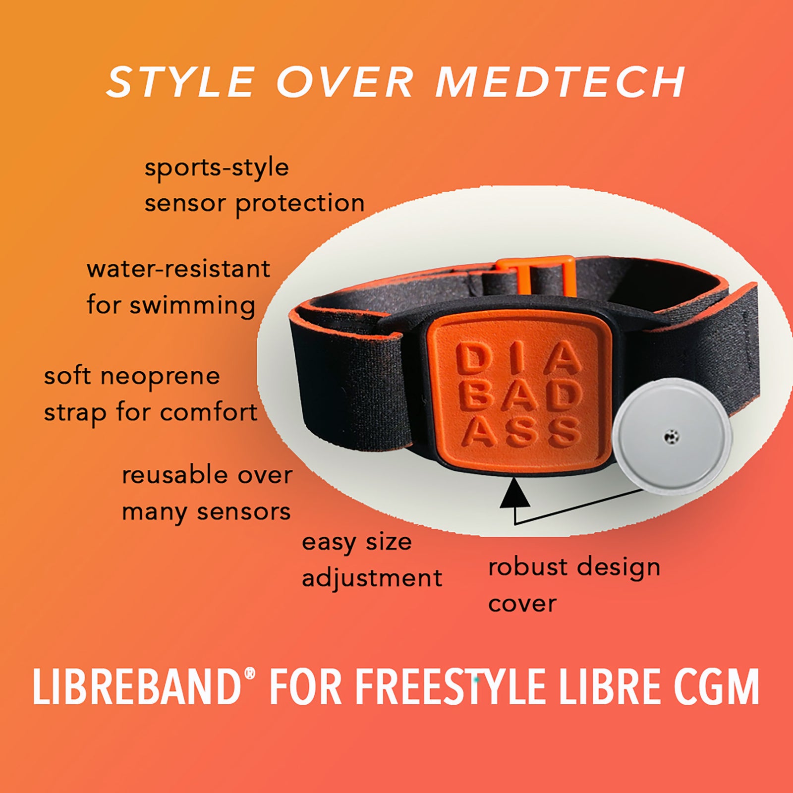 Libreband CGM armband for FreeStyle Libre 2 with orange Diabadass cover and water-resistant neoprene strap on wooden lounger in swimming pool setting.