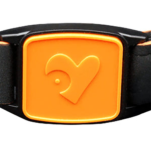 Libreband CGM armband orange heart cover close-up, compatible with FreeStyle Libre 2, showing heart design detail. LML4559, LML2937, LML2272, LML2289.