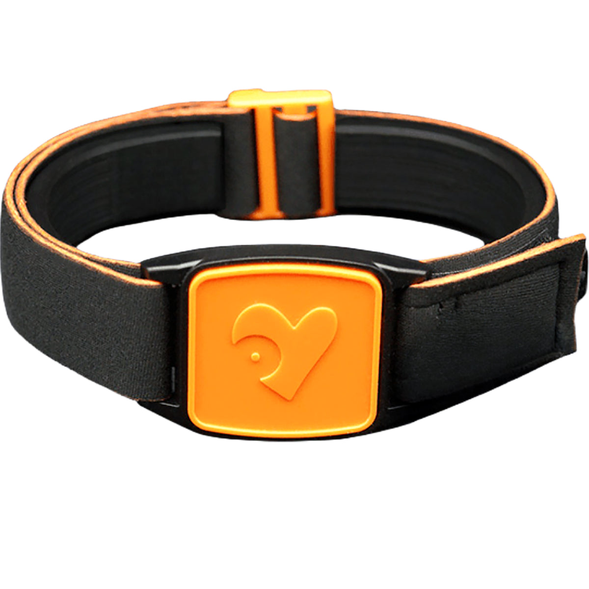 Libreband CGM armband for FreeStyle Libre 2 with orange heart cover and water-resistant neoprene strap on wooden lounger in swimming pool setting