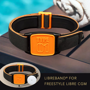 Libreband CGM armband for FreeStyle Libre 2 with orange Type 01 cover and water-resistant neoprene strap on wooden lounger in swimming pool setting . Inset of armband alongside sensor. LML4573, LML3019, LML2210, LML2227.
