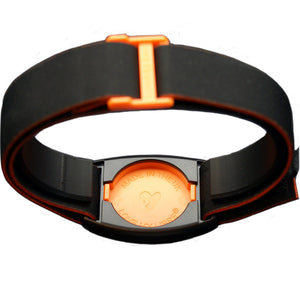 Reverse of Libreband CGM armband for FreeStyle Libre 2 with orange cover and water-resistant neoprene strap. LML4573, LML3019, LML2210, LML2227.
