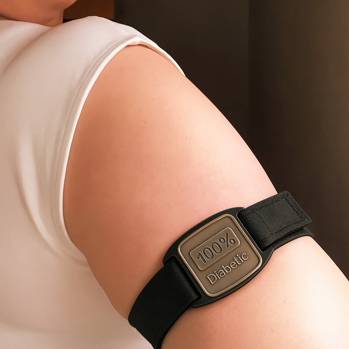 Libreband CGM armband for FreeStyle Libre 2 with pewter 100% Diabetic cover and water-resistant neoprene strap worn on upper arm to help reduce risk of sensors being knocked. LML4603, LML3064, LML2494, LML2500.