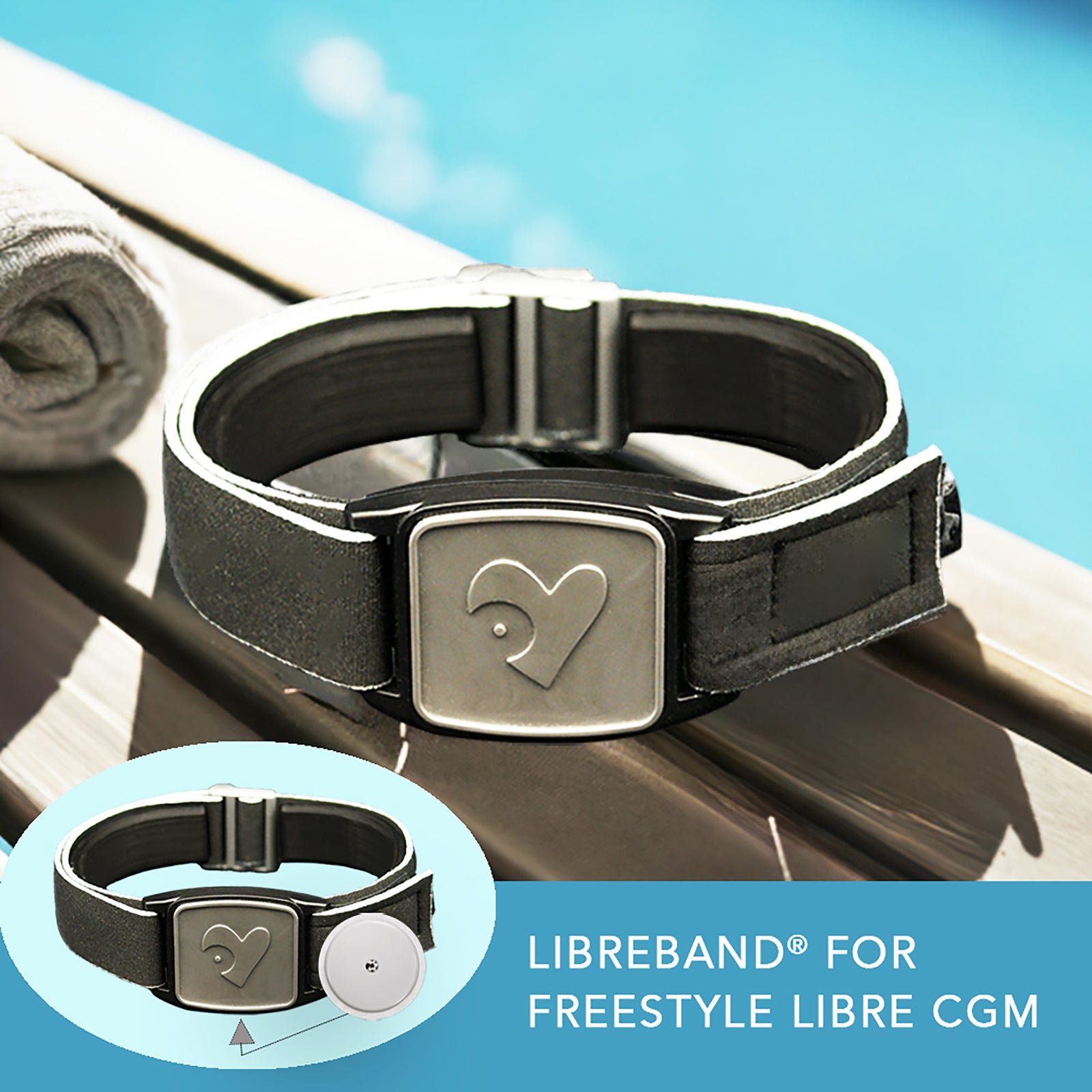Libreband CGM armband for FreeStyle Libre 2 with pewter heart cover and water-resistant neoprene strap on wooden lounger in swimming pool setting. Inset of armband alongside sensor. LML4627, LML2944, LML2579, LML2586.