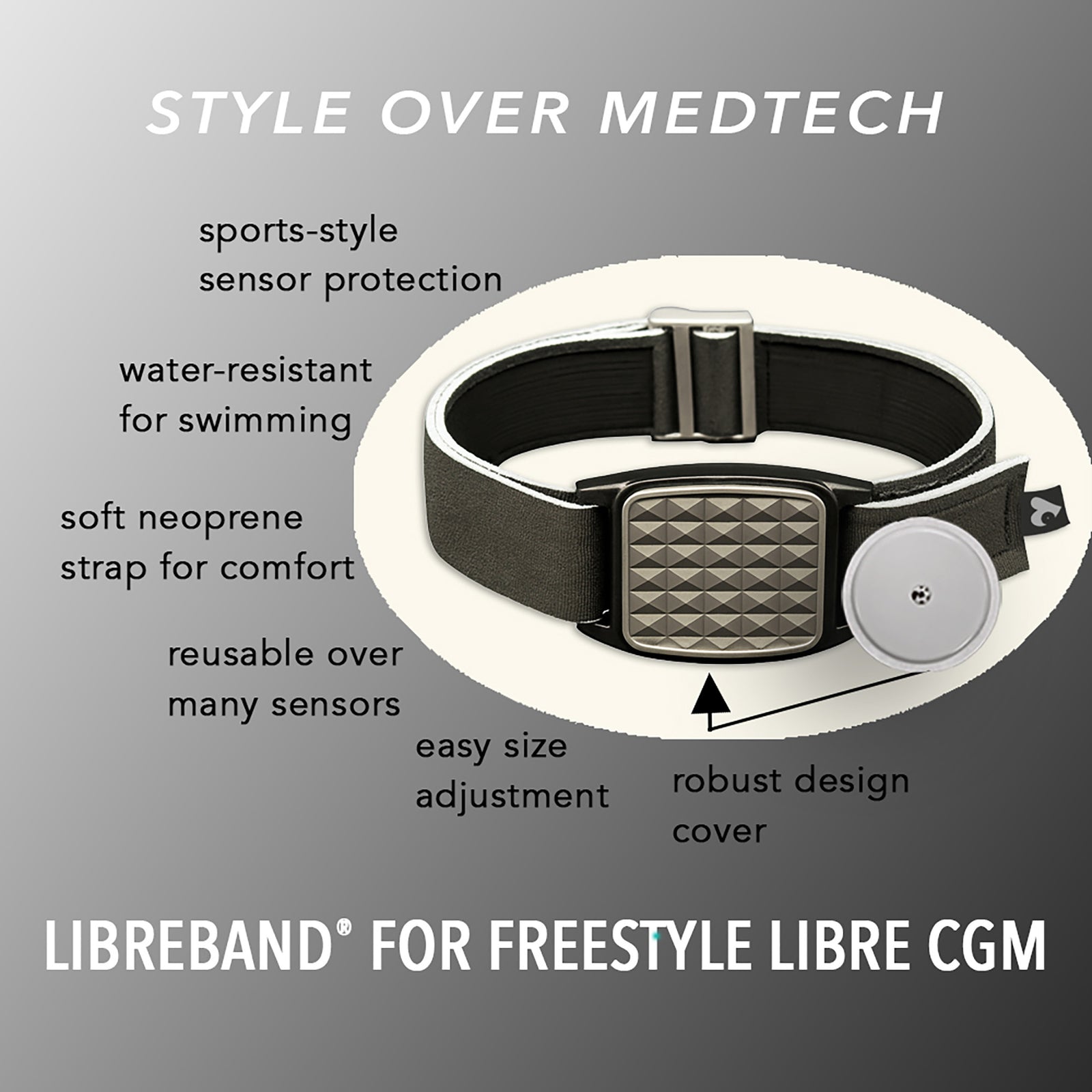 Libreband CGM armband for FreeStyle Libre 2 with pewter pyramids cover and water-resistant neoprene strap on wooden lounger in swimming pool setting. LML4634, LML2906, LML2616, LML2623.