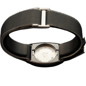 Reverse of Libreband CGM armband for FreeStyle Libre 2 with pewter cover and water-resistant neoprene strap. LML4641, LML3026, LML2517, LML2524.